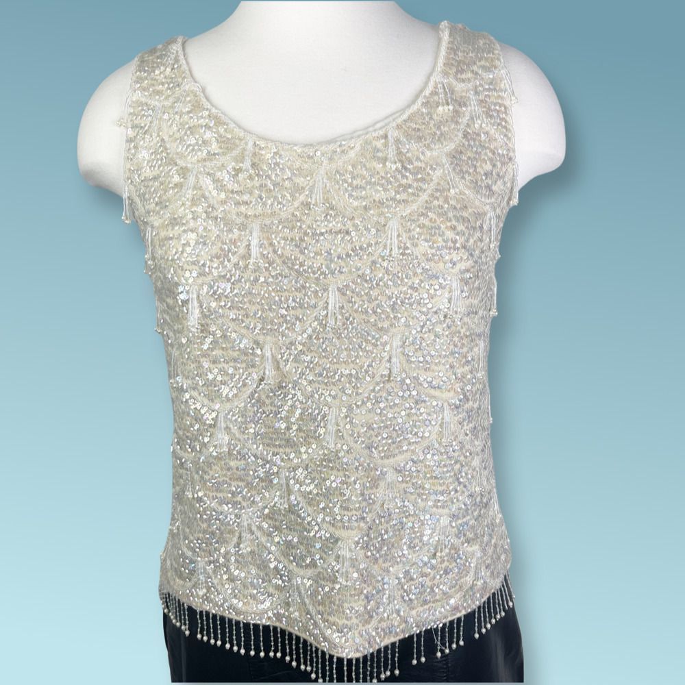 1960's Iridescent Sequined and Beaded Knit Camisole Sweater Top - Zipper Back